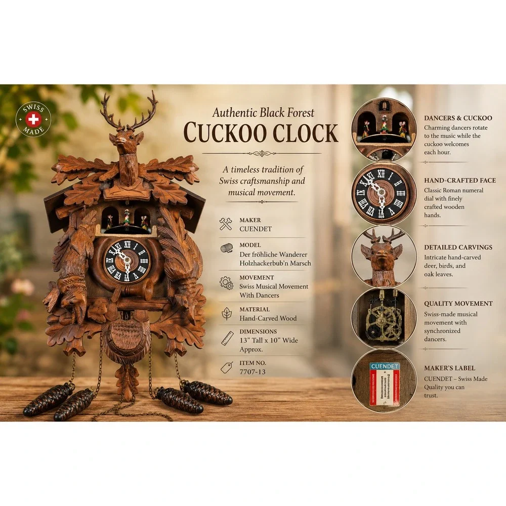 Vintage Cuendet‎ Swiss Musical Cuckoo Clock Hand Carved Wood Stag Hunter Scene